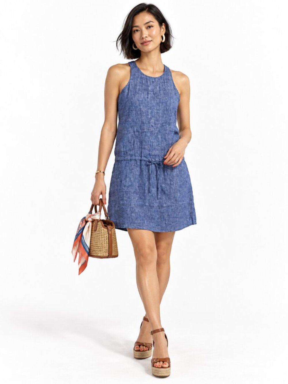 Joie Diega Linen Drawstring Tank Dress Plaza Blue Size XS Casual
